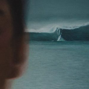 Hyperrealistic acrylic painting on board titled "Born" by Jan Petrov from The Heritage Cycle. Features a soft-focus portrait of a young man over a crisp arctic seascape with icebergs.