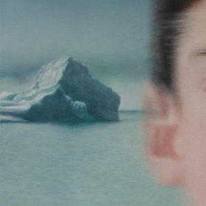 Hyperrealistic acrylic painting on board titled "Born" by Jan Petrov from The Heritage Cycle. Features a soft-focus portrait of a young man over a crisp arctic seascape with icebergs.