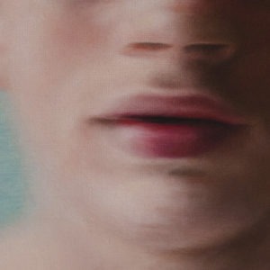 Hyperrealistic acrylic painting on board titled "Born" by Jan Petrov from The Heritage Cycle. Features a soft-focus portrait of a young man over a crisp arctic seascape with icebergs.