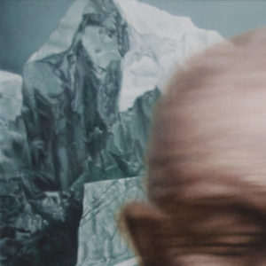 Hyperrealistic acrylic painting on board titled "Death" by Jan Petrov from The Heritage Cycle. Features a blurred portrait of an elderly man with closed eyes over an arctic seascape with icebergs.