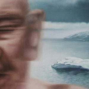 Hyperrealistic acrylic painting on board titled "Death" by Jan Petrov from The Heritage Cycle. Features a blurred portrait of an elderly man with closed eyes over an arctic seascape with icebergs.