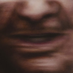 Hyperrealistic acrylic painting on board titled "Death" by Jan Petrov from The Heritage Cycle. Features a blurred portrait of an elderly man with closed eyes over an arctic seascape with icebergs.