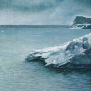 Hyperrealistic landscape painting titled "Distant Horizon" by Jan Petrov. An acrylic on board depiction of a vast, misty arctic sea with distant icebergs and a heavy, overcast sky.