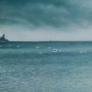 Hyperrealistic landscape painting titled "Distant Horizon" by Jan Petrov. An acrylic on board depiction of a vast, misty arctic sea with distant icebergs and a heavy, overcast sky.