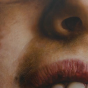 Hyperrealistic oil painting of a child's teeth and lips detail by Jan Petrov, from the Family Re-Construct series.
