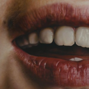 Hyperrealistic oil painting of a child's teeth and lips detail by Jan Petrov, from the Family Re-Construct series.