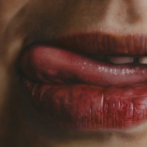 Hyperrealistic oil painting of a child's mouth with tongue detail by Jan Petrov, from the Family Re-Construct series.