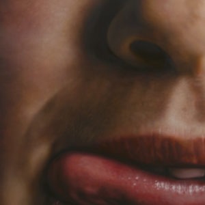 Hyperrealistic oil painting of a child's mouth with tongue detail by Jan Petrov, from the Family Re-Construct series.