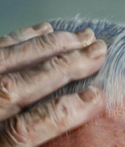 Hyperrealistic oil painting detail of a hand on hair by Jan Petrov.