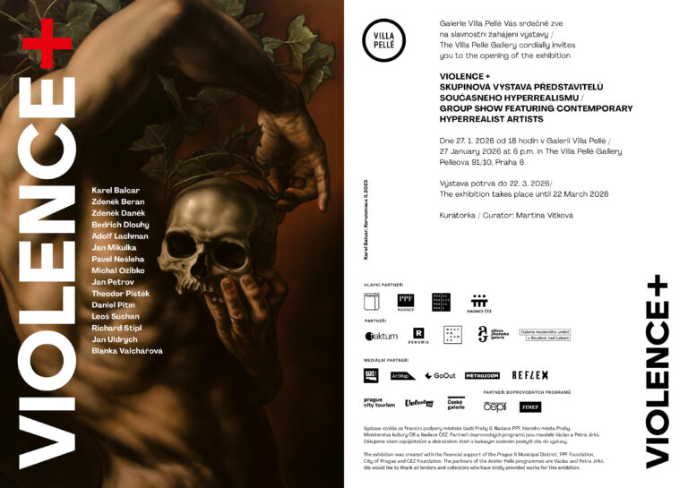 Exhibition poster for "VIOLENCE+" at Galerie Villa Pellé, Prague. The graphic features a hyperrealistic painting of a figure holding a skull by Karel Balcar, with a list of participating artists including Jan Petrov, Zdeněk Beran, and Theodor Pištěk.
